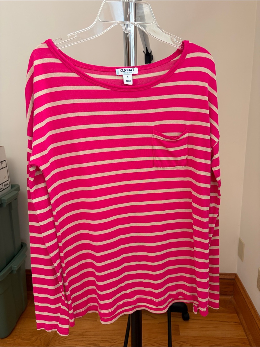 Old Navy Hot Pink and Cream Striped Long-Sleeve Pocket Tee